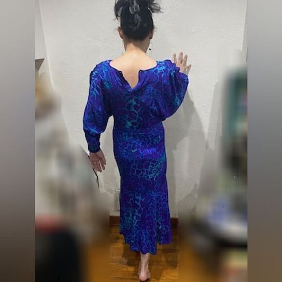 Vintage 80s Nora Noh 100% Silk Midi/Maxi Dress With Batwing Sleeves - Picture 16 of 16